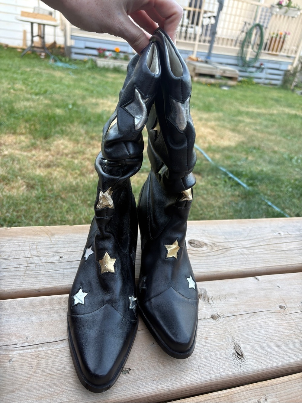 Naughty Monkey Metallic Stars Ruched Leather Cowboy Boots Sz 6 - Picture 2 of 8